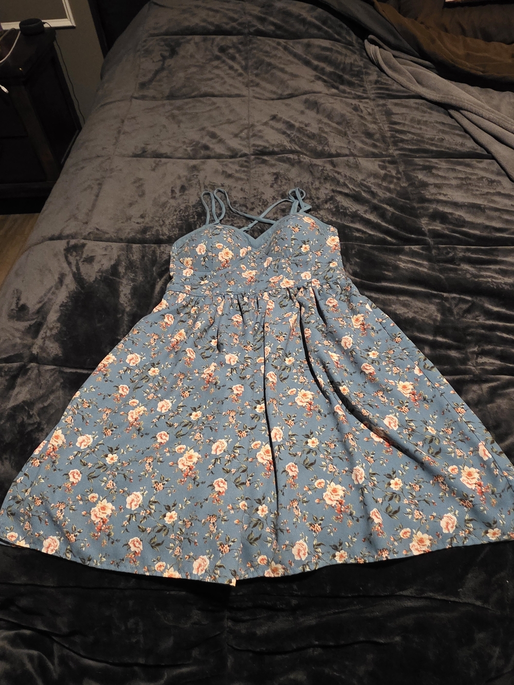 Xhilaration Blue Floral Strappy Sundress with Pink Rose Print